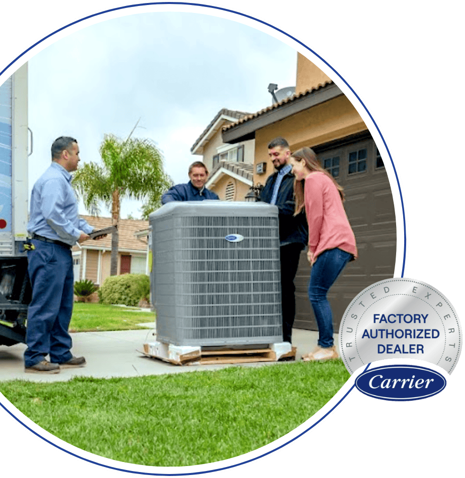 Airplus of California HVAC technician arriving at Corona, CA, home to install a new Carrier air conditioner.