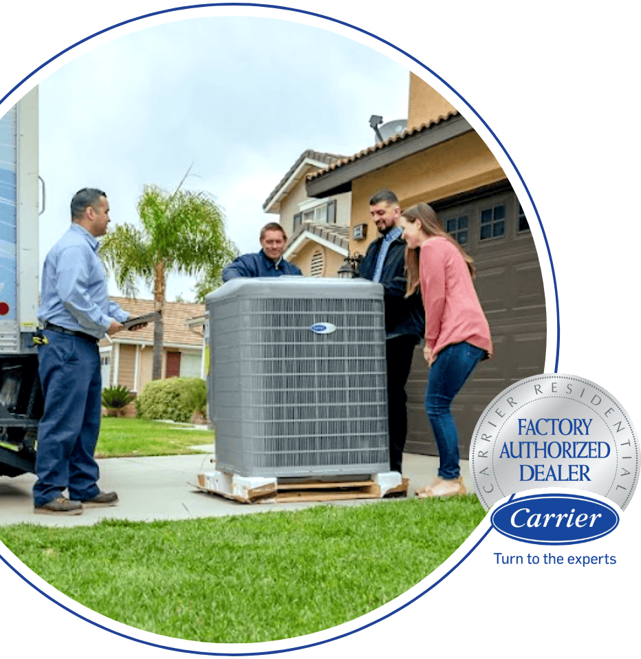 Airplus of California HVAC technician arriving at Corona, CA, home to install a new Carrier air conditioner.