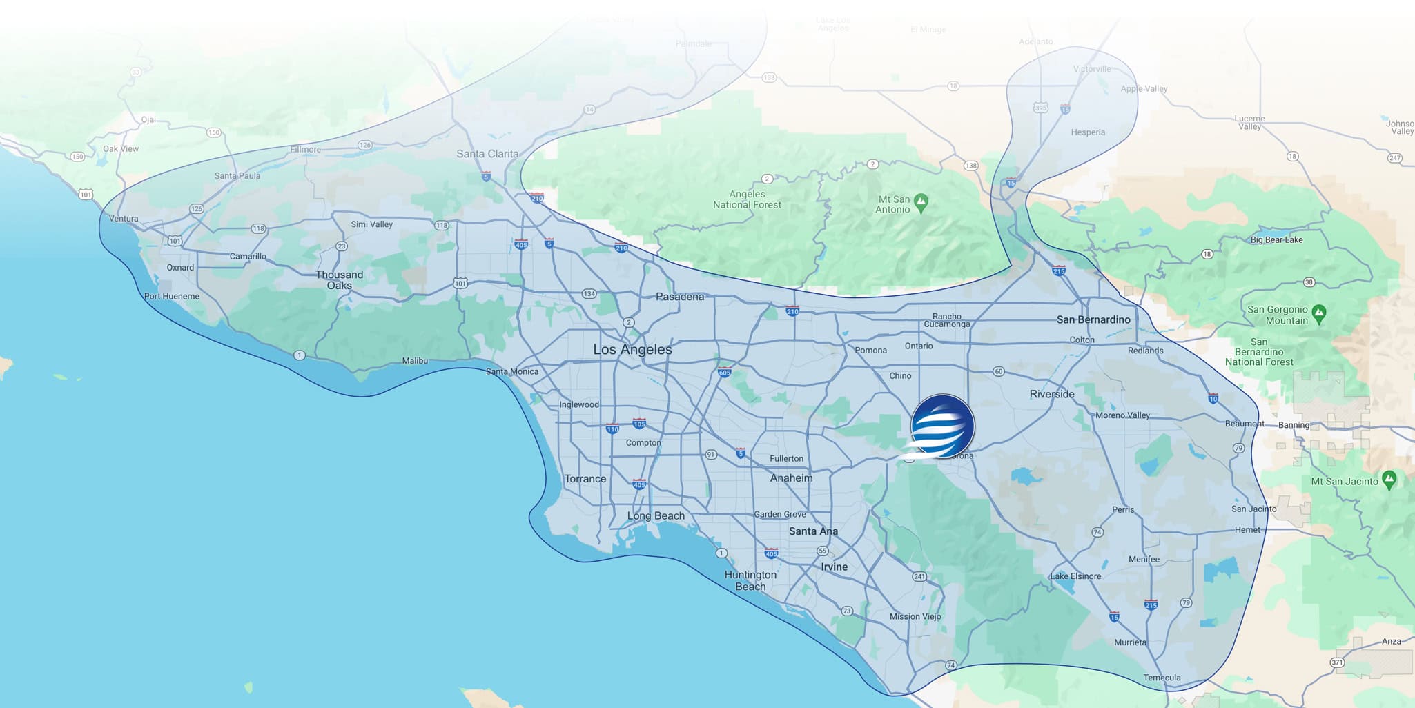 Service area map for Airplus of California heating and cooling services, covering Southern California.